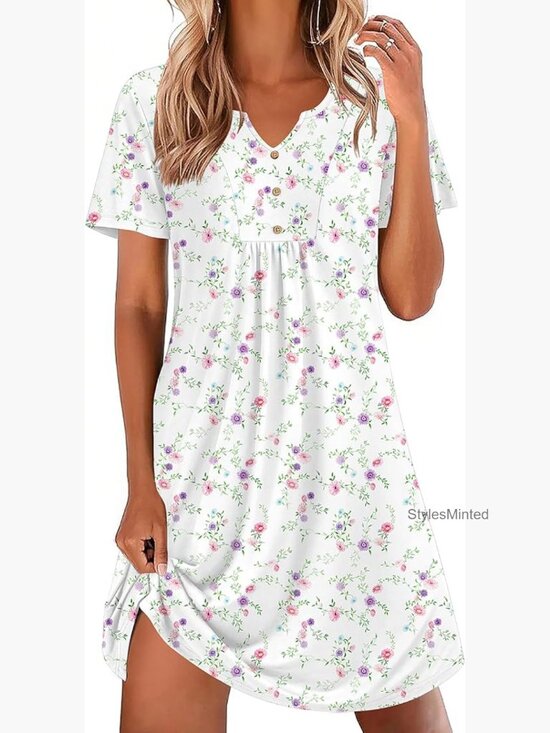 Other - Cotton Nightgown Pleated Henley V Neck Sleepshirt Short Sleeve Sleepwear